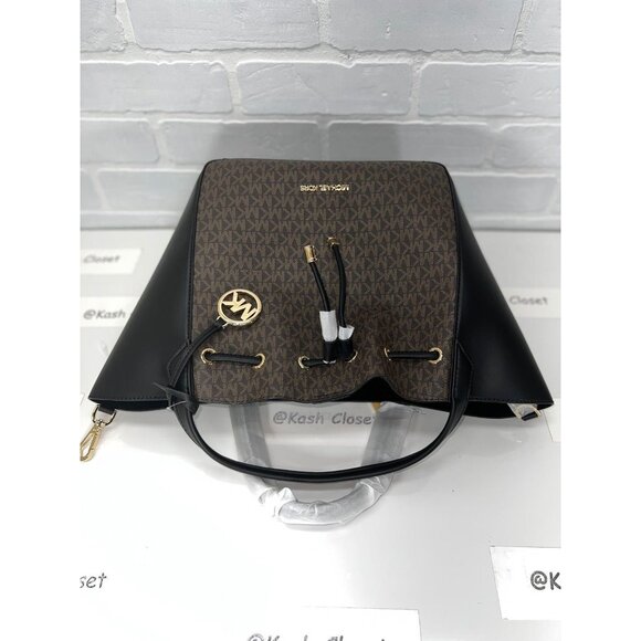 Michael Kors bucket phoebe tote bag large two tone MK signature Brown Black - Picture 9 of 10